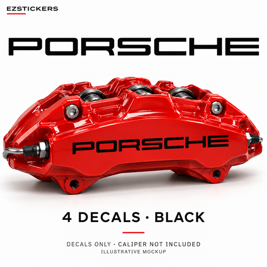 EZSTICKERS illustrative caliper mockup for Porsche caliper decals — Black, showing referenced manufacturer/model lettering in Black; decals only, caliper not included.