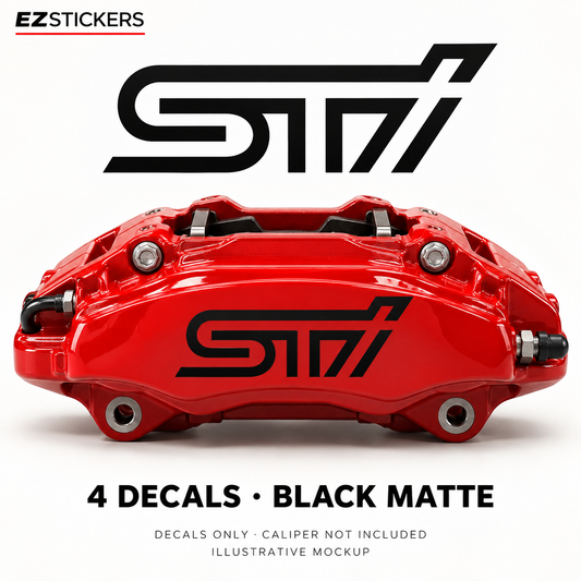 EZSTICKERS illustrative caliper mockup for Subaru STI WXR caliper decals — Black Matte, showing referenced manufacturer/model lettering in Black Matte; decals only, caliper not included.