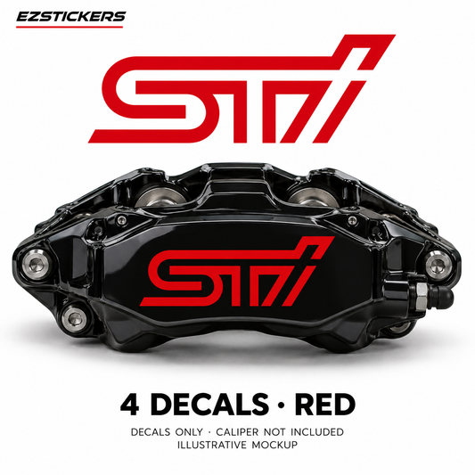 EZSTICKERS illustrative caliper mockup for Subaru STI WXR caliper decals — Red, showing referenced manufacturer/model lettering in Red; decals only, caliper not included.