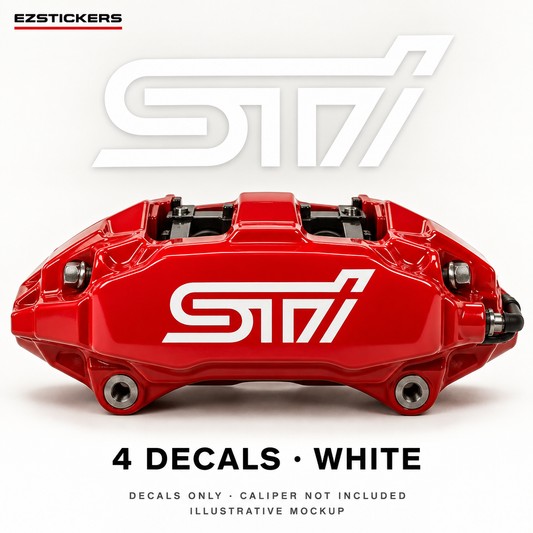 EZSTICKERS illustrative caliper mockup for Subaru STI WXR caliper decals — White, showing referenced manufacturer/model lettering in White; decals only, caliper not included.