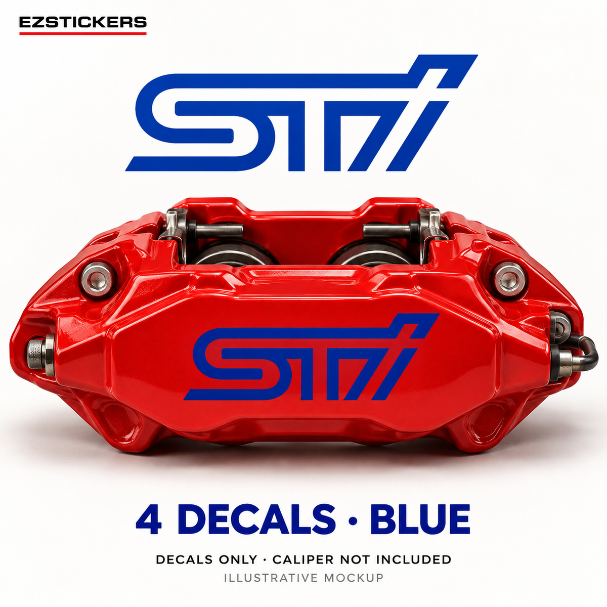 EZSTICKERS illustrative caliper mockup for Subaru STI WXR caliper decals — Blue, showing referenced manufacturer/model lettering in Blue; decals only, caliper not included.