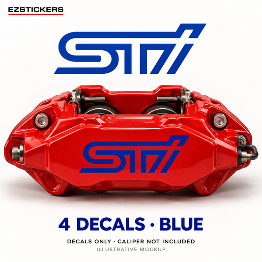 EZSTICKERS illustrative caliper mockup for Subaru STI WXR caliper decals — Blue, showing referenced manufacturer/model lettering in Blue; decals only, caliper not included.