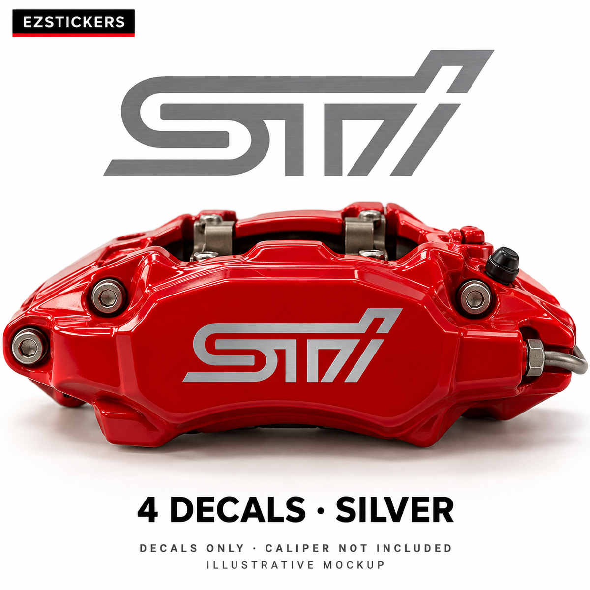 EZSTICKERS illustrative caliper mockup for Subaru STI WXR caliper decals — Silver, showing referenced manufacturer/model lettering in Silver; decals only, caliper not included.