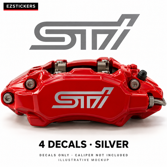EZSTICKERS illustrative caliper mockup for Subaru STI WXR caliper decals — Silver, showing referenced manufacturer/model lettering in Silver; decals only, caliper not included.