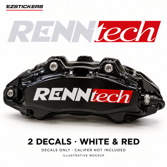 EZSTICKERS illustrative caliper mockup for Renntech caliper decals — White & Red, showing referenced manufacturer/model lettering in White & Red; decals only, caliper not included.
