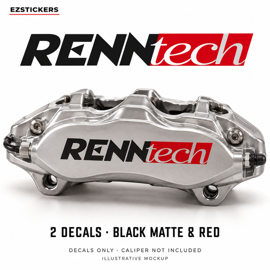EZSTICKERS illustrative caliper mockup for Renntech caliper decals — Black Matte & Red, showing referenced manufacturer/model lettering in Black Matte & Red; decals only, caliper not included.