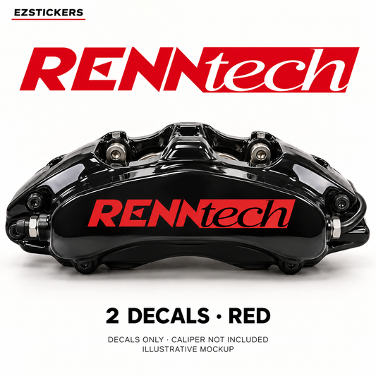 EZSTICKERS illustrative caliper mockup for Renntech caliper decals — Red, showing referenced manufacturer/model lettering in Red; decals only, caliper not included.
