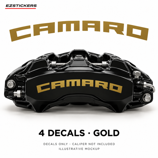 EZSTICKERS illustrative caliper mockup for Camaro caliper decals — Gold, showing referenced manufacturer/model lettering in Gold; decals only, caliper not included.