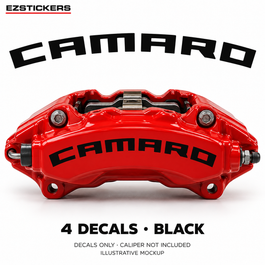 EZSTICKERS illustrative caliper mockup for Camaro caliper decals — Black, showing referenced manufacturer/model lettering in Black; decals only, caliper not included.