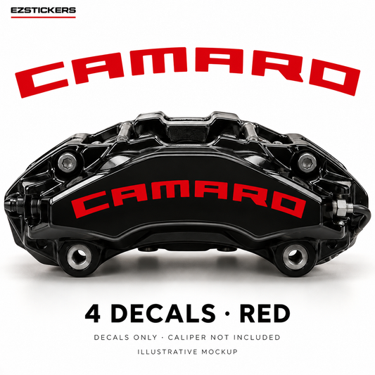 EZSTICKERS illustrative caliper mockup for Camaro caliper decals — Red, showing referenced manufacturer/model lettering in Red; decals only, caliper not included.