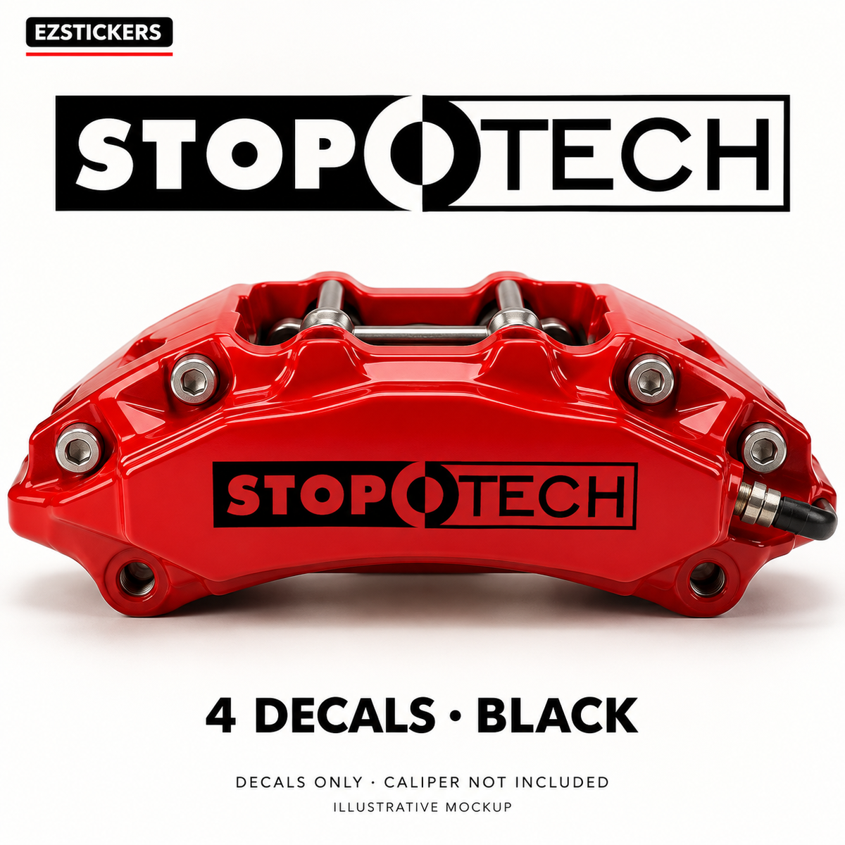EZSTICKERS illustrative caliper mockup for StopTech caliper decals — Black, showing referenced manufacturer/model lettering in Black; decals only, caliper not included.