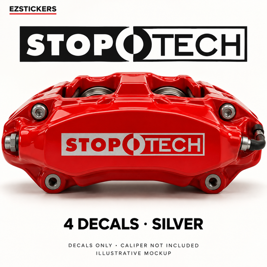EZSTICKERS illustrative caliper mockup for StopTech caliper decals — Silver, showing referenced manufacturer/model lettering in Silver; decals only, caliper not included.