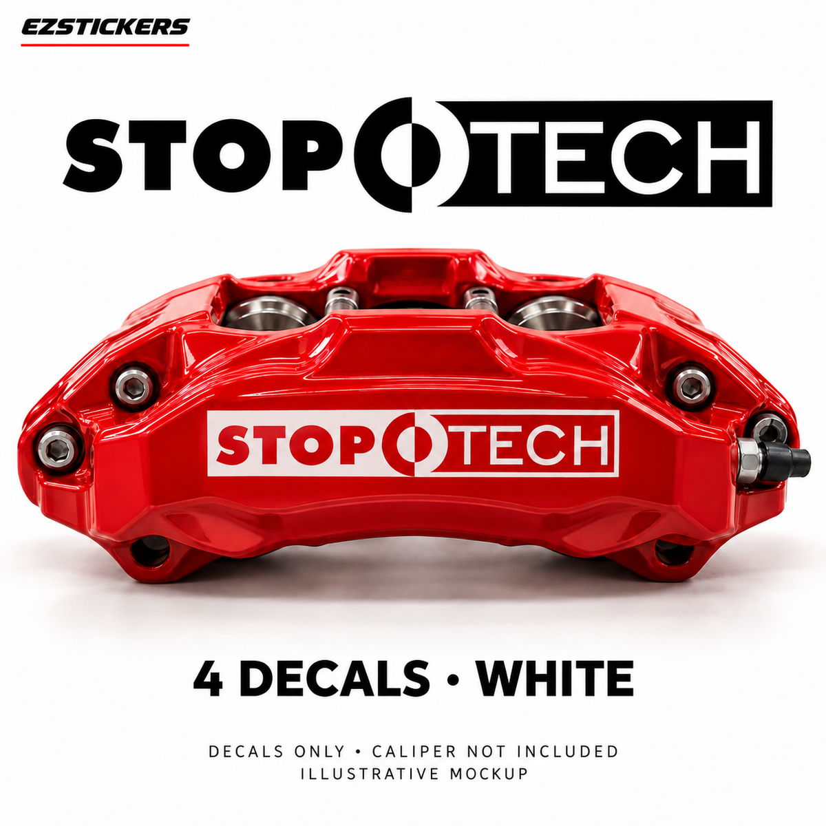 EZSTICKERS illustrative caliper mockup for StopTech caliper decals — White, showing referenced manufacturer/model lettering in White; decals only, caliper not included.