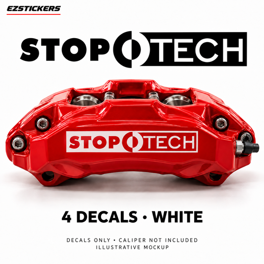 EZSTICKERS illustrative caliper mockup for StopTech caliper decals — White, showing referenced manufacturer/model lettering in White; decals only, caliper not included.