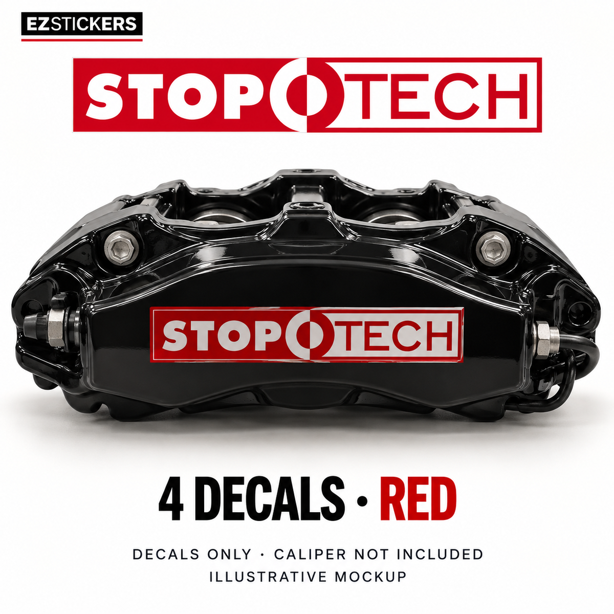 EZSTICKERS illustrative caliper mockup for StopTech caliper decals — Red, showing referenced manufacturer/model lettering in Red; decals only, caliper not included.