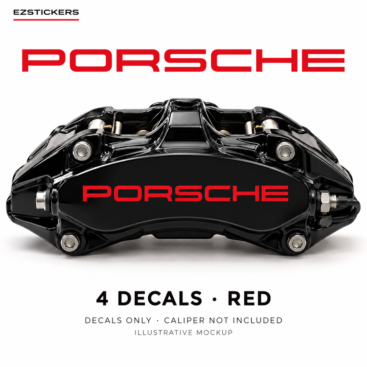 EZSTICKERS illustrative caliper mockup for Porsche 911, 997, Cayenne, Panamera caliper decals — Red, showing referenced manufacturer/model lettering in Red; decals only, caliper not included.