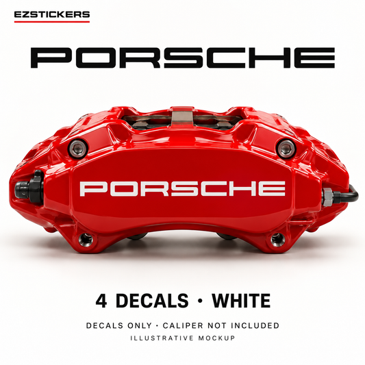 EZSTICKERS illustrative caliper mockup for Porsche 911, 997, Cayenne & Panamera caliper decals — White, showing referenced manufacturer/model lettering in White; decals only, caliper not included.