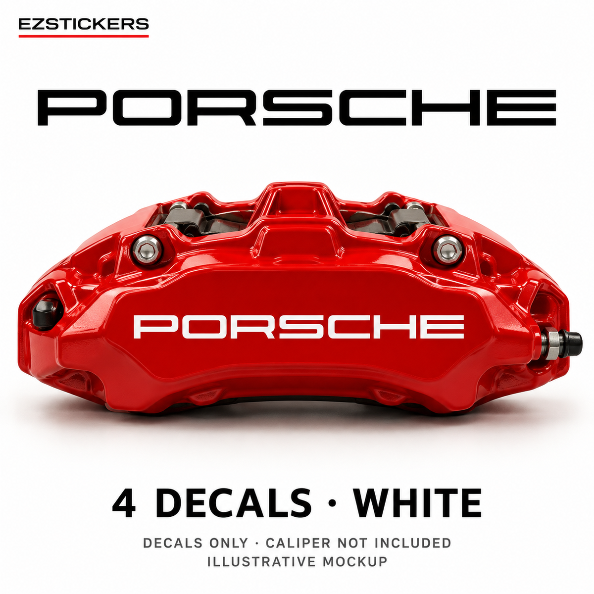 EZSTICKERS illustrative caliper mockup for Porsche 911, 996, Boxster, Cayman caliper decals — White, showing referenced manufacturer/model lettering in White; decals only, caliper not included.