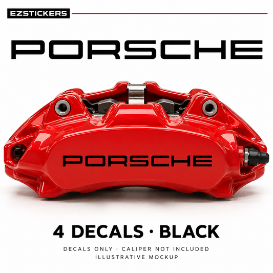 EZSTICKERS illustrative caliper mockup for Porsche 911, 996, Boxster, Cayman caliper decals — Black, showing referenced manufacturer/model lettering in Black; decals only, caliper not included.