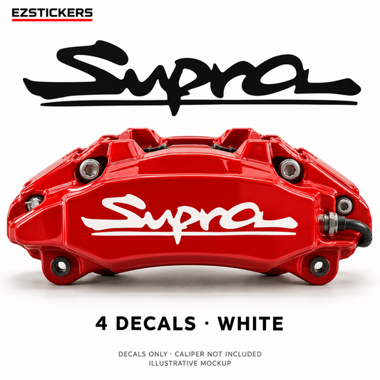 EZSTICKERS illustrative caliper mockup for Supra caliper decals — White, showing referenced manufacturer/model lettering in White; decals only, caliper not included.