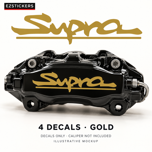 EZSTICKERS illustrative caliper mockup for Supra caliper decals — Gold, showing referenced manufacturer/model lettering in Gold; decals only, caliper not included.