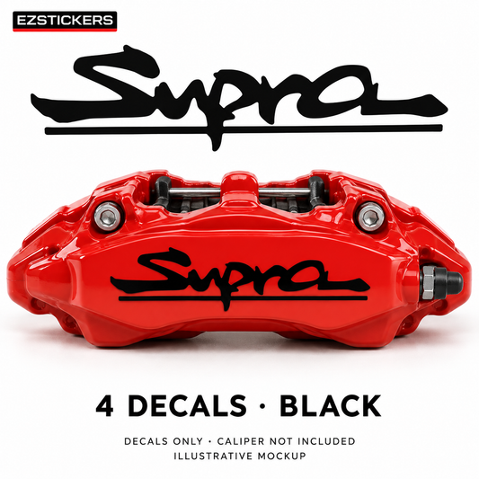 EZSTICKERS illustrative caliper mockup for Supra caliper decals — Black, showing referenced manufacturer/model lettering in Black; decals only, caliper not included.
