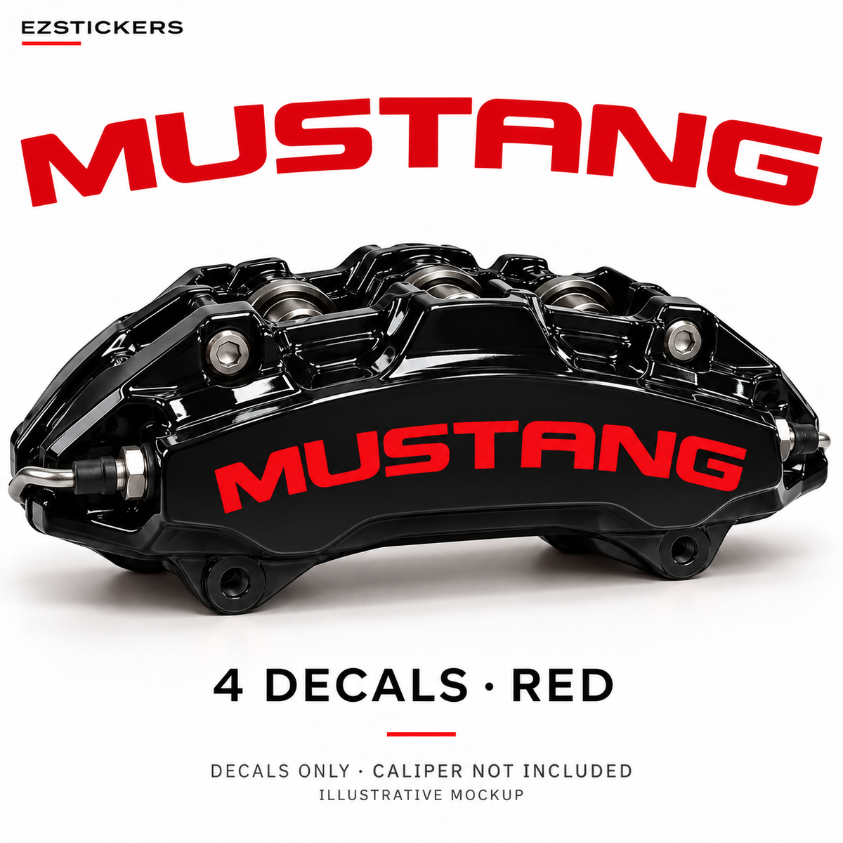 EZSTICKERS illustrative caliper mockup for Mustang caliper decals — Red, showing referenced manufacturer/model lettering in Red; decals only, caliper not included.
