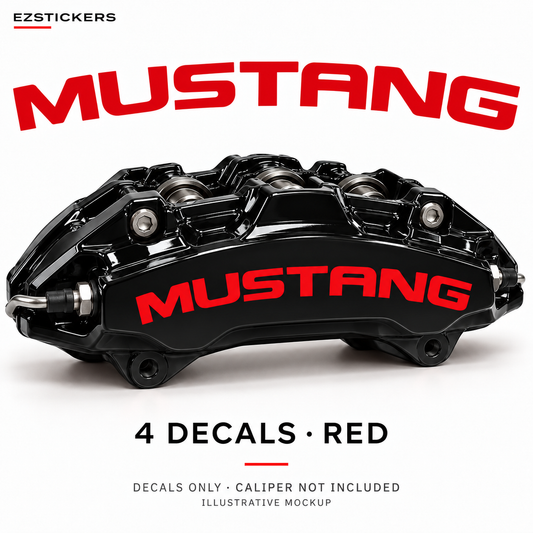 EZSTICKERS illustrative caliper mockup for Mustang caliper decals — Red, showing referenced manufacturer/model lettering in Red; decals only, caliper not included.