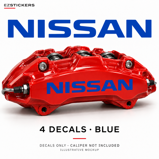 EZSTICKERS illustrative caliper mockup for Nissan caliper decals — Blue, showing referenced manufacturer/model lettering in Blue; decals only, caliper not included.