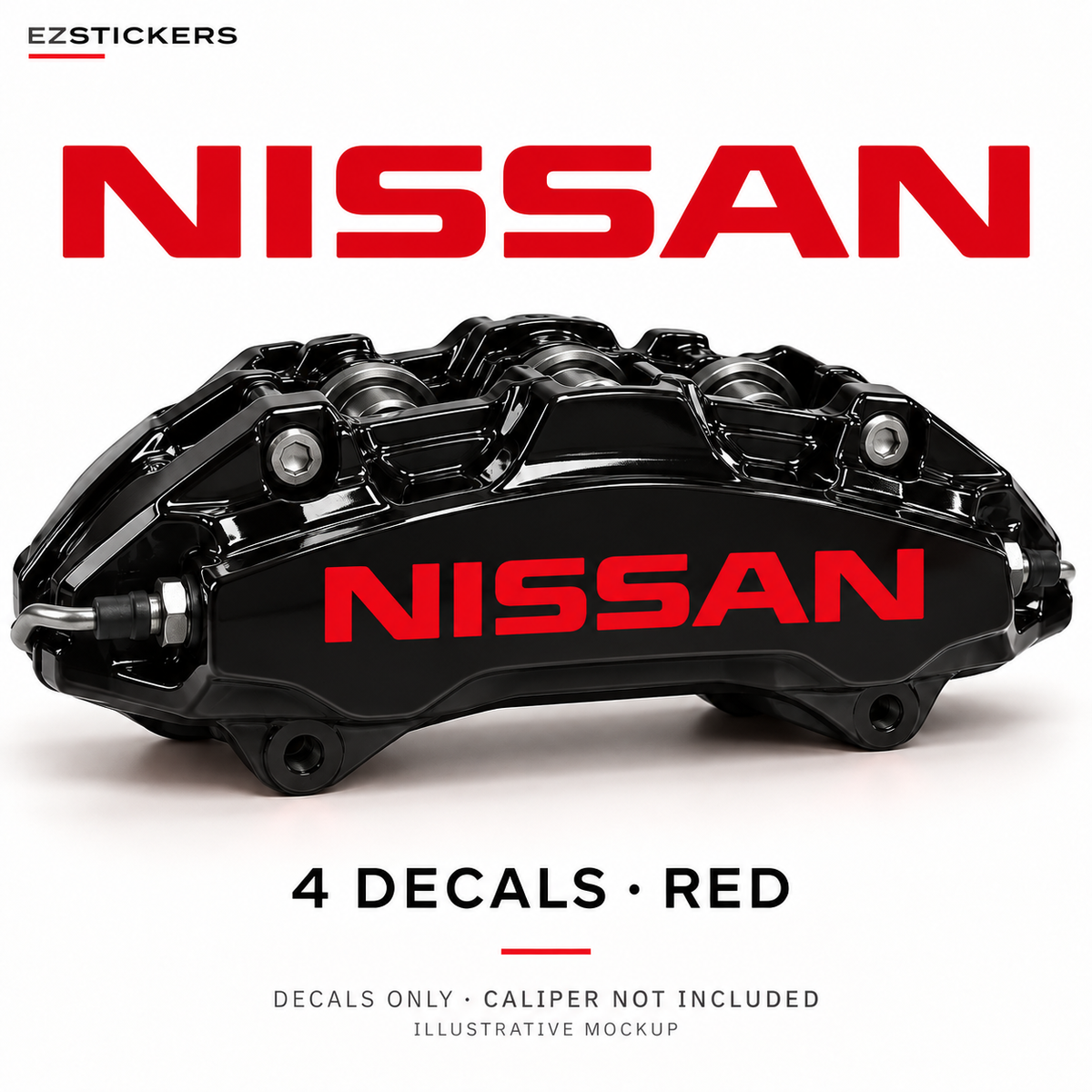 EZSTICKERS illustrative caliper mockup for Nissan caliper decals — Red, showing referenced manufacturer/model lettering in Red; decals only, caliper not included.