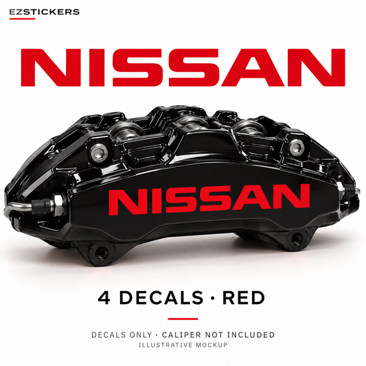 EZSTICKERS illustrative caliper mockup for Nissan caliper decals — Red, showing referenced manufacturer/model lettering in Red; decals only, caliper not included.