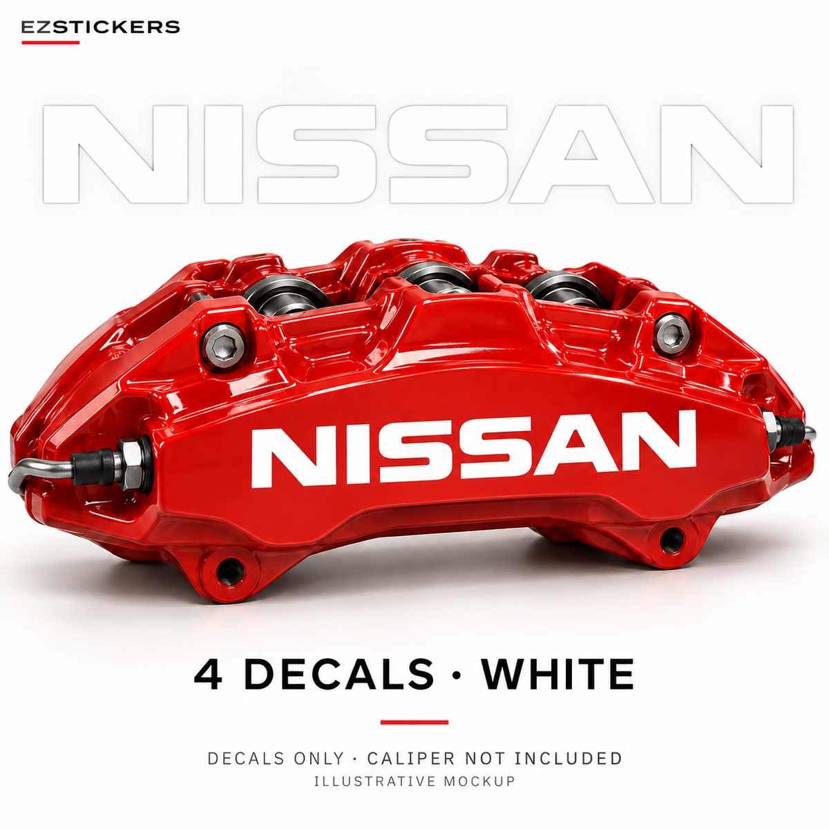 EZSTICKERS illustrative caliper mockup for Nissan caliper decals — White, showing referenced manufacturer/model lettering in White; decals only, caliper not included.