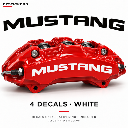 EZSTICKERS illustrative caliper mockup for Mustang caliper decals — White, showing referenced manufacturer/model lettering in White; decals only, caliper not included.