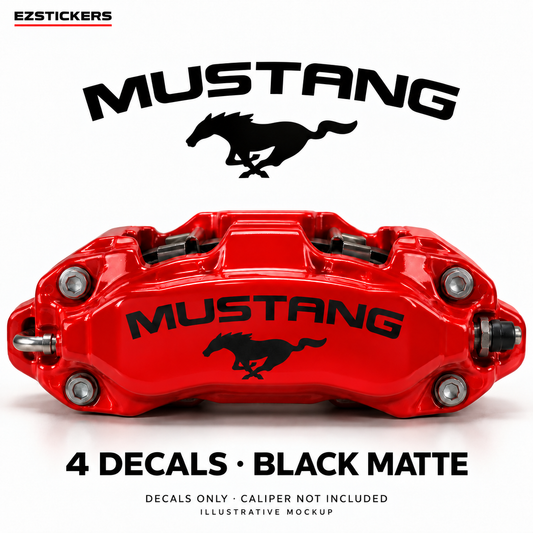 EZSTICKERS illustrative caliper mockup for Mustang pony caliper decals — Black Matte, showing referenced manufacturer/model lettering in Black Matte; decals only, caliper not included.