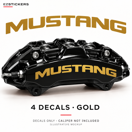 EZSTICKERS illustrative caliper mockup for Mustang caliper decals — Gold, showing referenced manufacturer/model lettering in Gold; decals only, caliper not included.