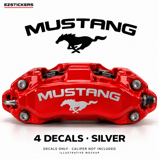 EZSTICKERS illustrative caliper mockup for Mustang pony caliper decals — Silver, showing referenced manufacturer/model lettering in Silver; decals only, caliper not included.