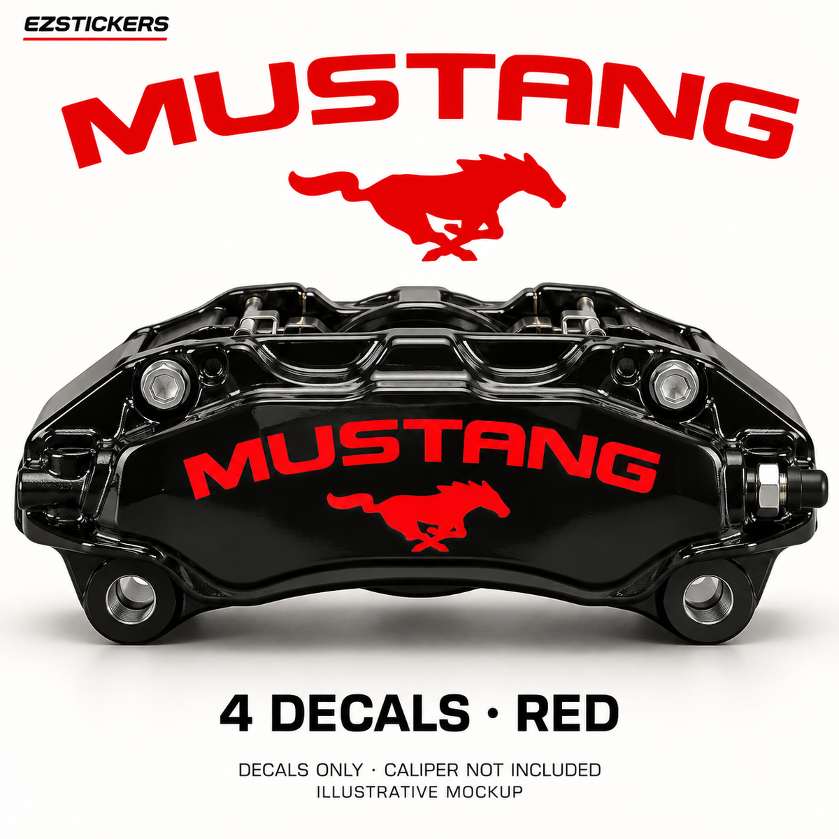 EZSTICKERS illustrative caliper mockup for Mustang pony caliper decals — Red, showing referenced manufacturer/model lettering in Red; decals only, caliper not included.