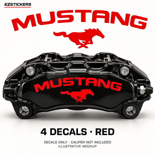 EZSTICKERS illustrative caliper mockup for Mustang pony caliper decals — Red, showing referenced manufacturer/model lettering in Red; decals only, caliper not included.