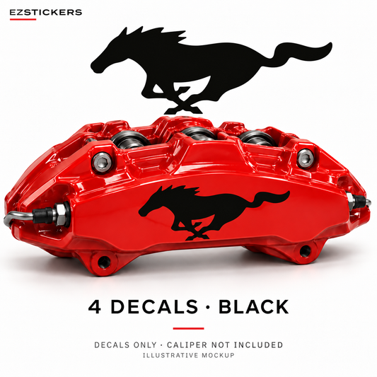 EZSTICKERS illustrative caliper mockup for Mustang Pony caliper decals — Black, showing referenced manufacturer/model lettering in Black; decals only, caliper not included.