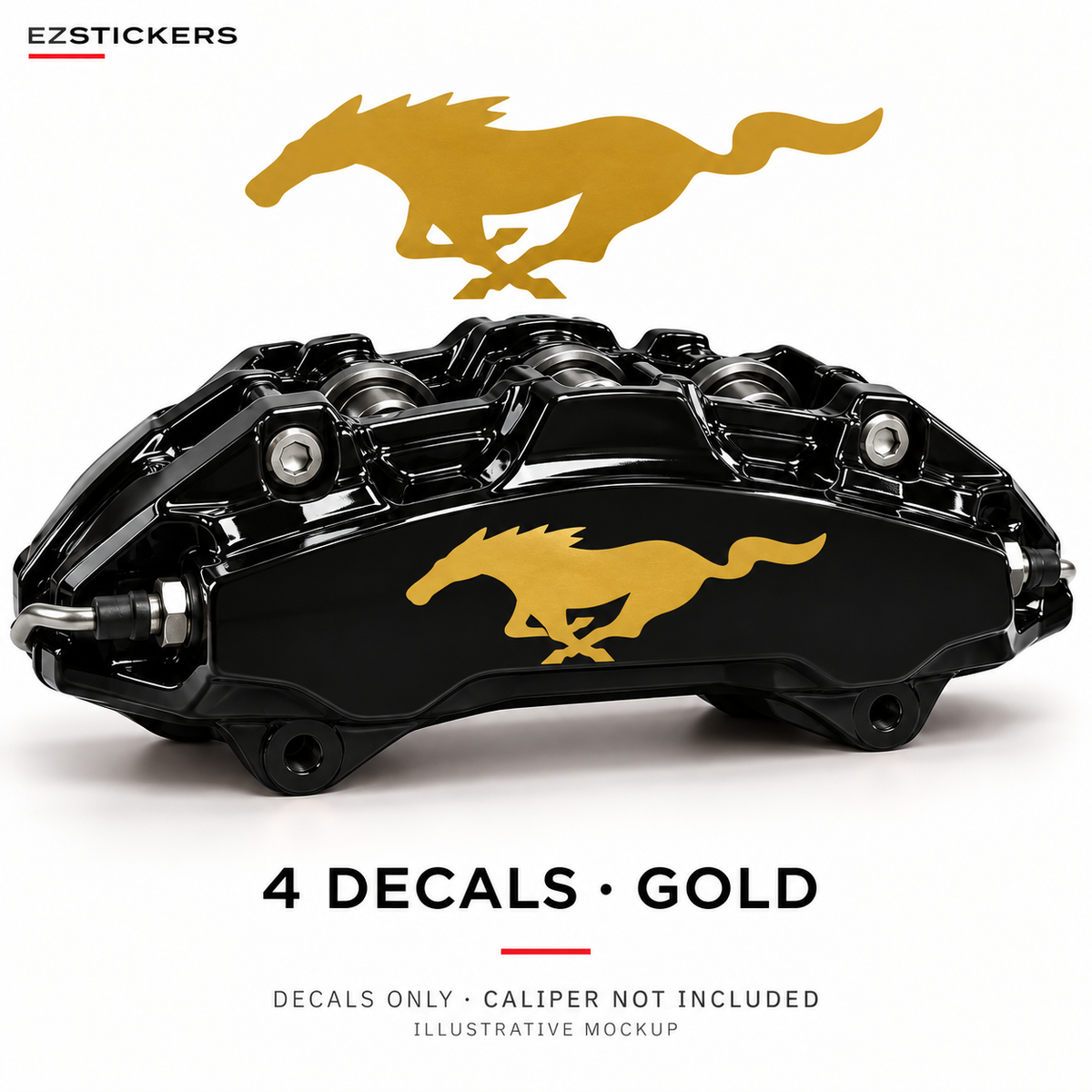 EZSTICKERS illustrative caliper mockup for Mustang Pony caliper decals — Gold, showing referenced manufacturer/model lettering in Gold; decals only, caliper not included.