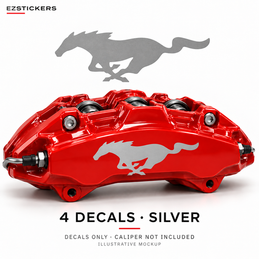 EZSTICKERS illustrative caliper mockup for Mustang Pony caliper decals — Silver, showing referenced manufacturer/model lettering in Silver; decals only, caliper not included.