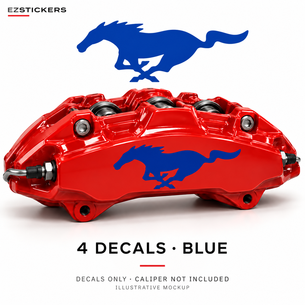 EZSTICKERS illustrative caliper mockup for Mustang Pony caliper decals — Blue, showing referenced manufacturer/model lettering in Blue; decals only, caliper not included.