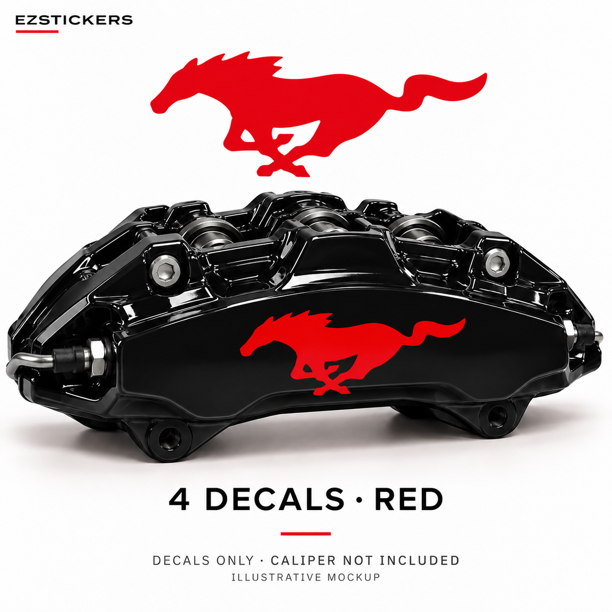 EZSTICKERS illustrative caliper mockup for Mustang Pony caliper decals — Red, showing referenced manufacturer/model lettering in Red; decals only, caliper not included.