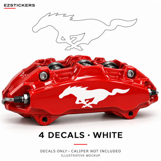 EZSTICKERS illustrative caliper mockup for Mustang Pony caliper decals — White, showing referenced manufacturer/model lettering in White; decals only, caliper not included.
