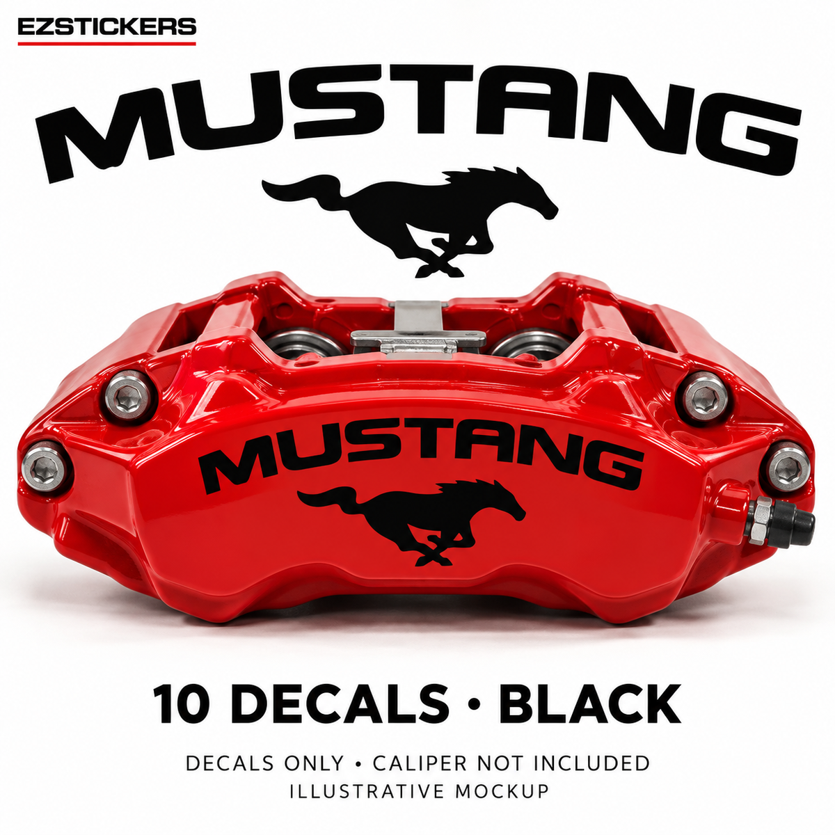 EZSTICKERS illustrative caliper mockup for Mustang & Pony combo caliper decals — Black, showing referenced manufacturer/model lettering in Black; decals only, caliper not included.