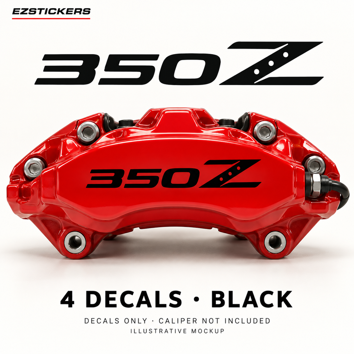 EZSTICKERS illustrative caliper mockup for Nissan 350Z caliper decals — Black, showing referenced manufacturer/model lettering in Black; decals only, caliper not included.