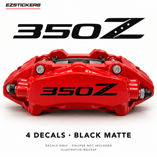 EZSTICKERS illustrative caliper mockup for Nissan 350Z caliper decals — Black Matte, showing referenced manufacturer/model lettering in Black Matte; decals only, caliper not included.