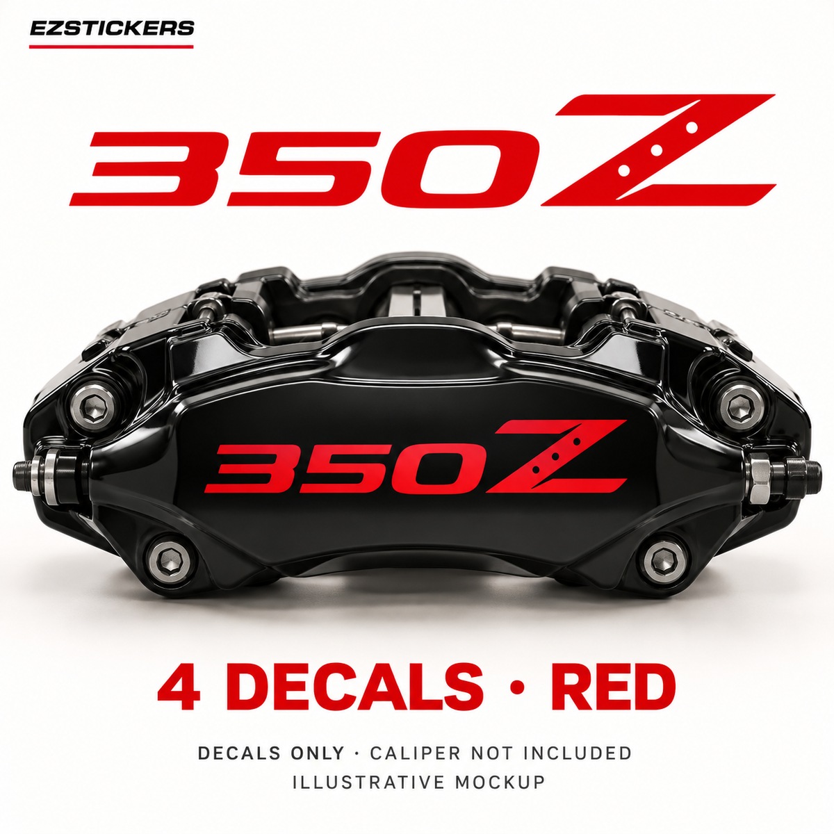 EZSTICKERS illustrative caliper mockup for Nissan 350Z caliper decals — Red, showing referenced manufacturer/model lettering in Red; decals only, caliper not included.