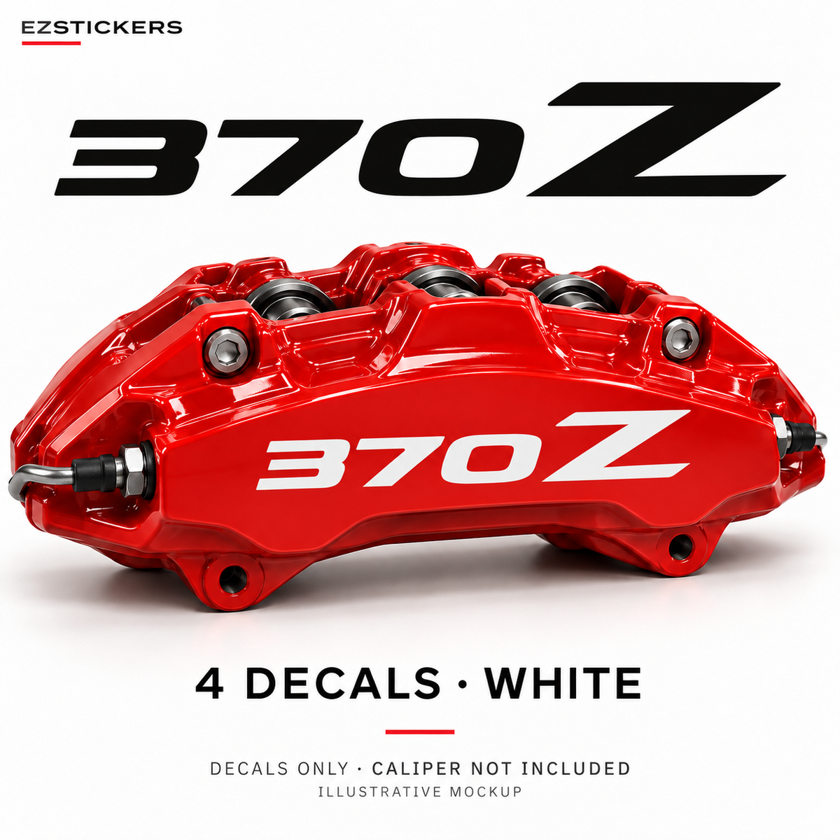 EZSTICKERS illustrative caliper mockup for Nissan 370Z caliper decals — White, showing referenced manufacturer/model lettering in White; decals only, caliper not included.