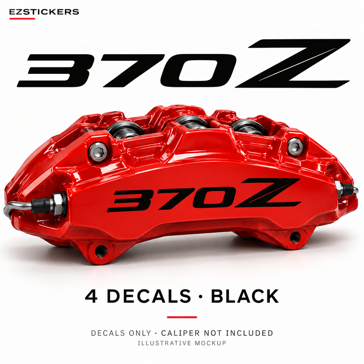 EZSTICKERS illustrative caliper mockup for Nissan 370Z caliper decals — Black, showing referenced manufacturer/model lettering in Black; decals only, caliper not included.